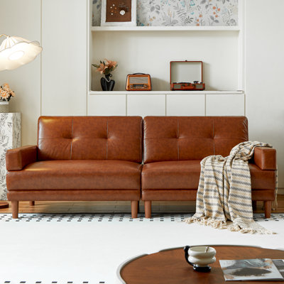 Keit 78.8-inch Tufted Leather Sofa With Deep Seat, Mid Century Modern Brown Sectional Couch, 3-Seater Upholstered Couches With Square Arms And Solid Wooden Legs For Living Room Home Office