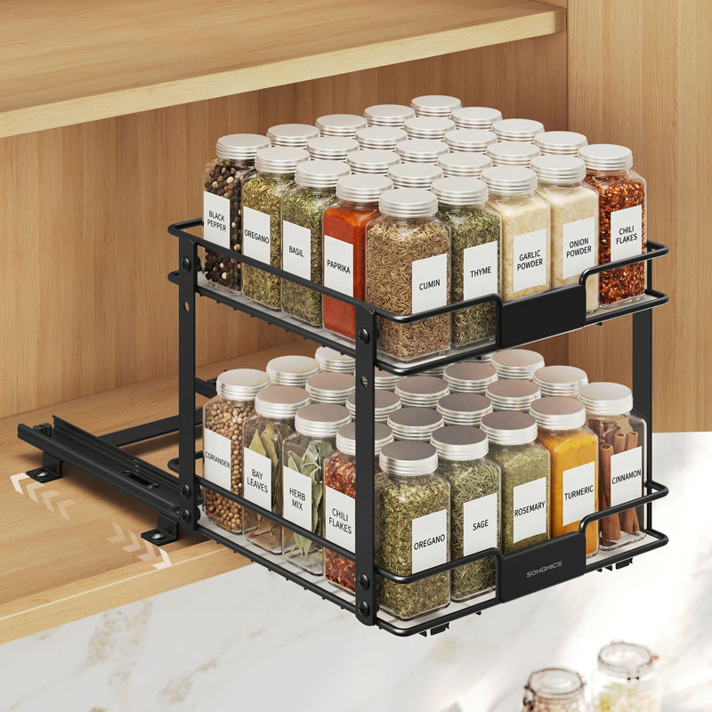 Pull-Out Spice Rack, 2-Tier Adjustable Shelf Organiser for Kitchen Cupboard, 27 x 25.2 x 23.8 cm, Black