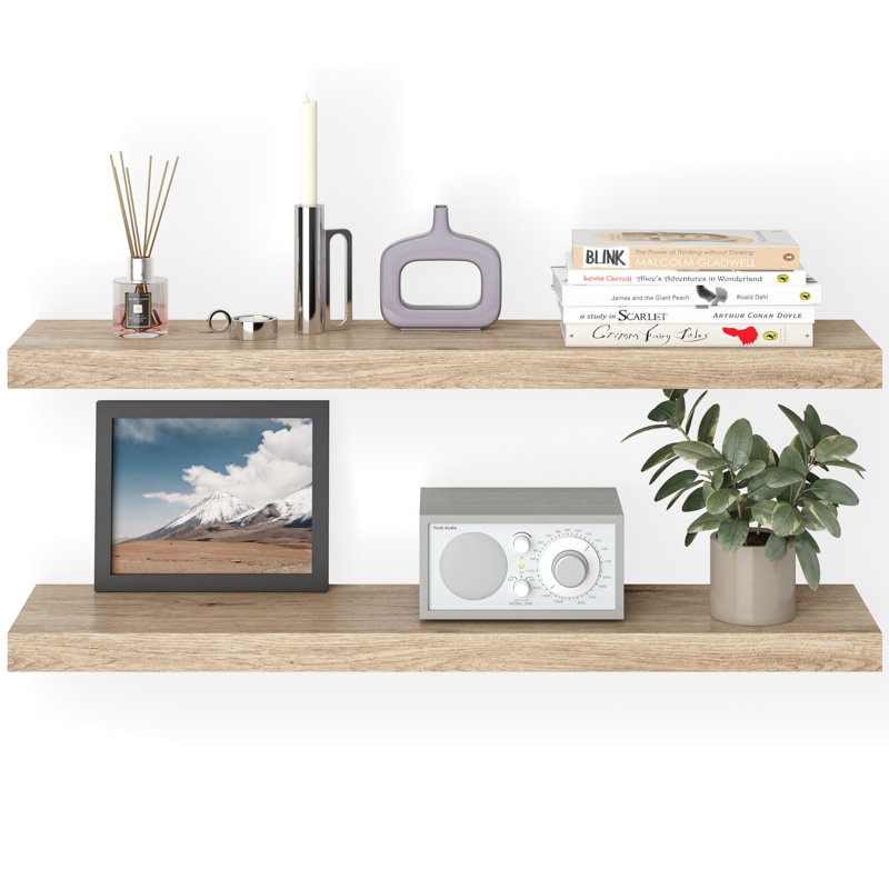 Oak Veneered Floating Wall Shelves with Invisible Brackets, Set of 2