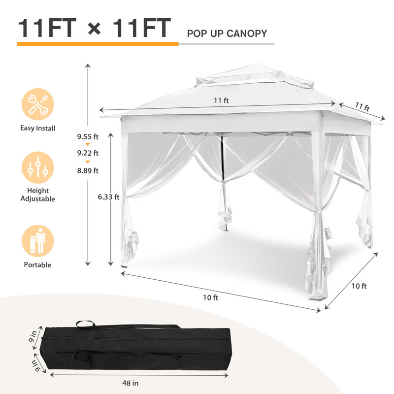 11 Ft. W x 11 Ft. D Outdoor Pop Up Soft Top Steel Patio Gazebo with Netting, White