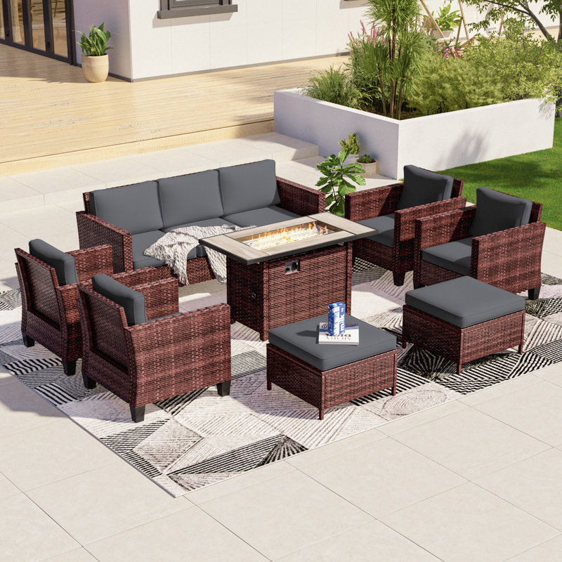 8 Pieces Patio Sofa with Rectangle Fire Pit Table and Ottomans, Brown, Gray