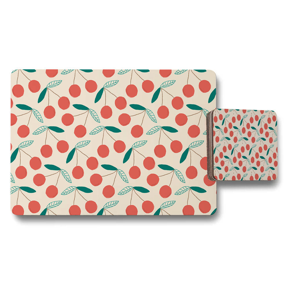 Cherry Pattern Placemats And Coaster Set With Leaf Motif