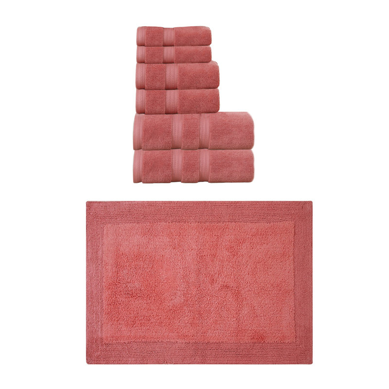 Buariki Collection 100% Soft Cotton Bath Towel Set & Bath Rug Reversible, 7 Piece Towel Set, Coral