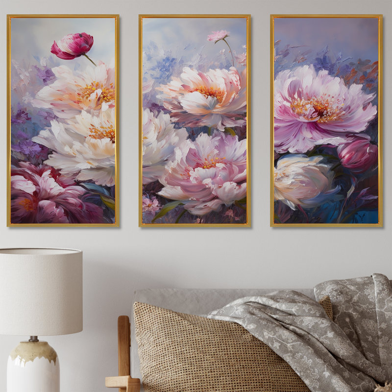 Pivoine rose liquide Art Flower Field V - ensemble de décoration murale champ de fleurs, Cadre flottant doré