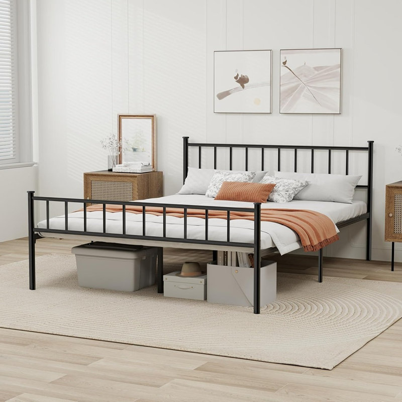 Metal Platform Full Bed Frame With Headboard Sturdy Steel Slats Support No Box Spring Needed Easy Assembly Black, Full