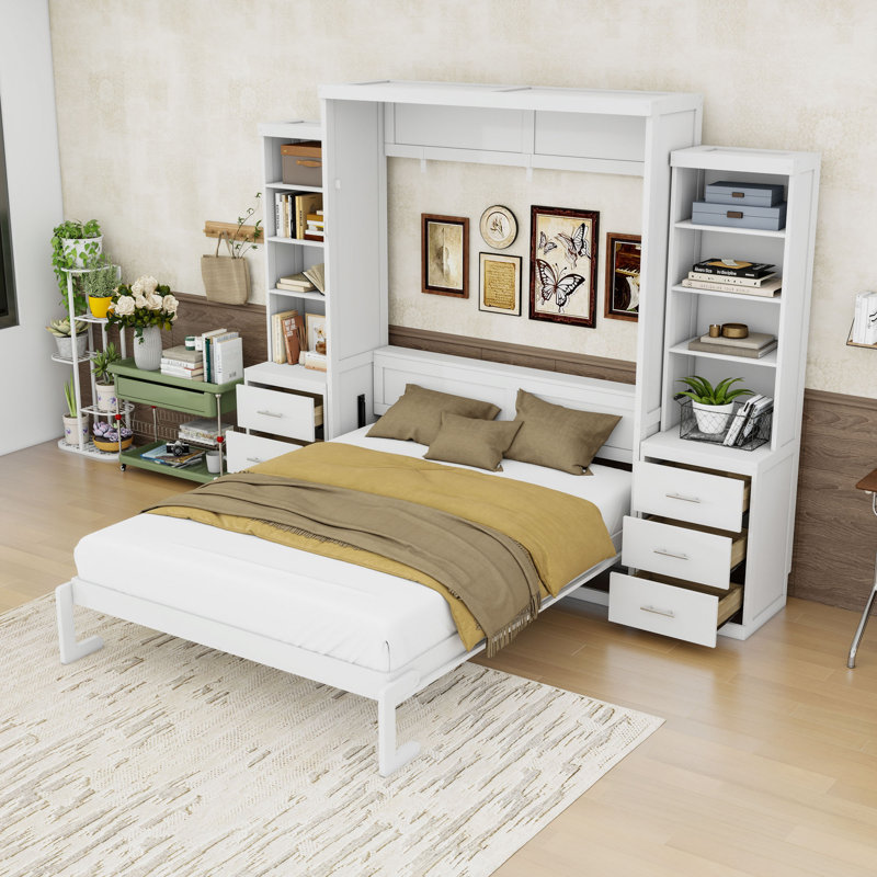 Lit escamotable avec tiroirs et tablettes de rangement cachés, White, Full / Double