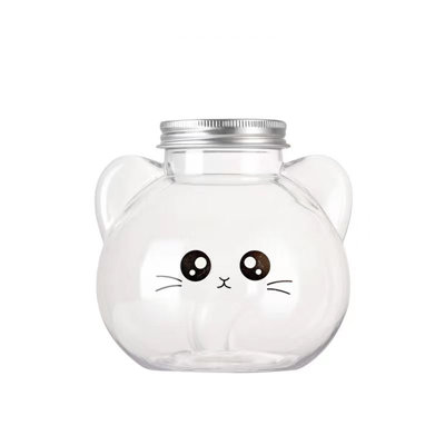 Bouteille d'eau Bouteille de chat mignon Bouteille jetable en PET Bouteille de thé au lait Bouteille en plastique portative de 500 ml avec couvercle muni de paille