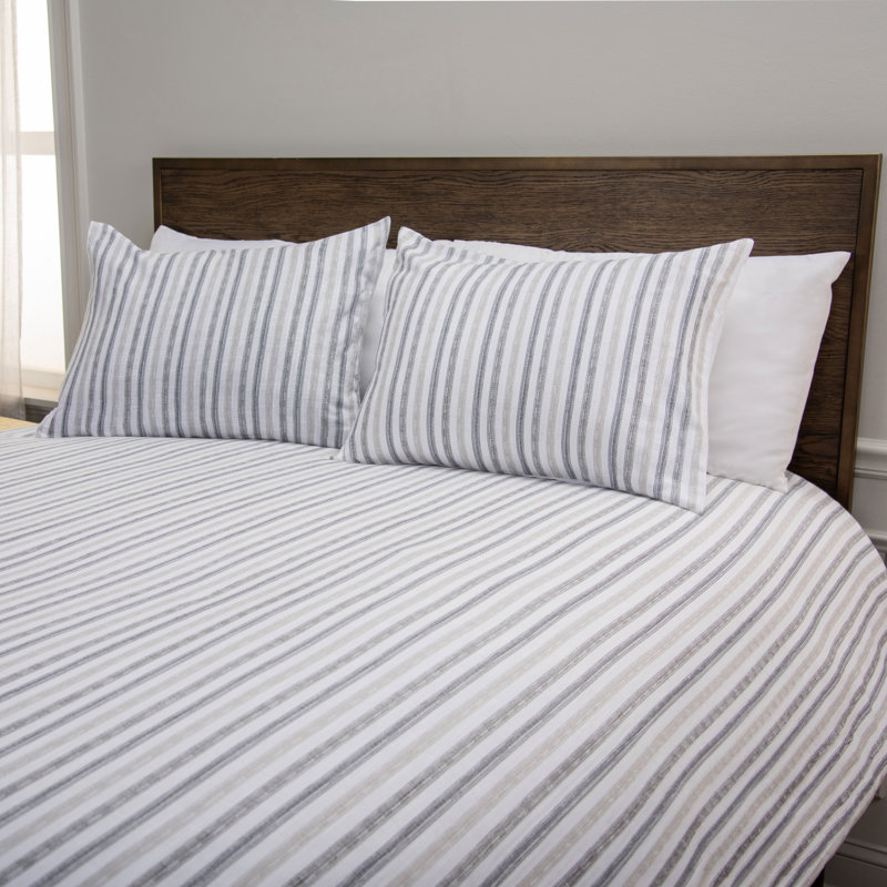 Cotton Striped Comforter Set, Queen Comforter + 2 Standard Shams, Gray/White