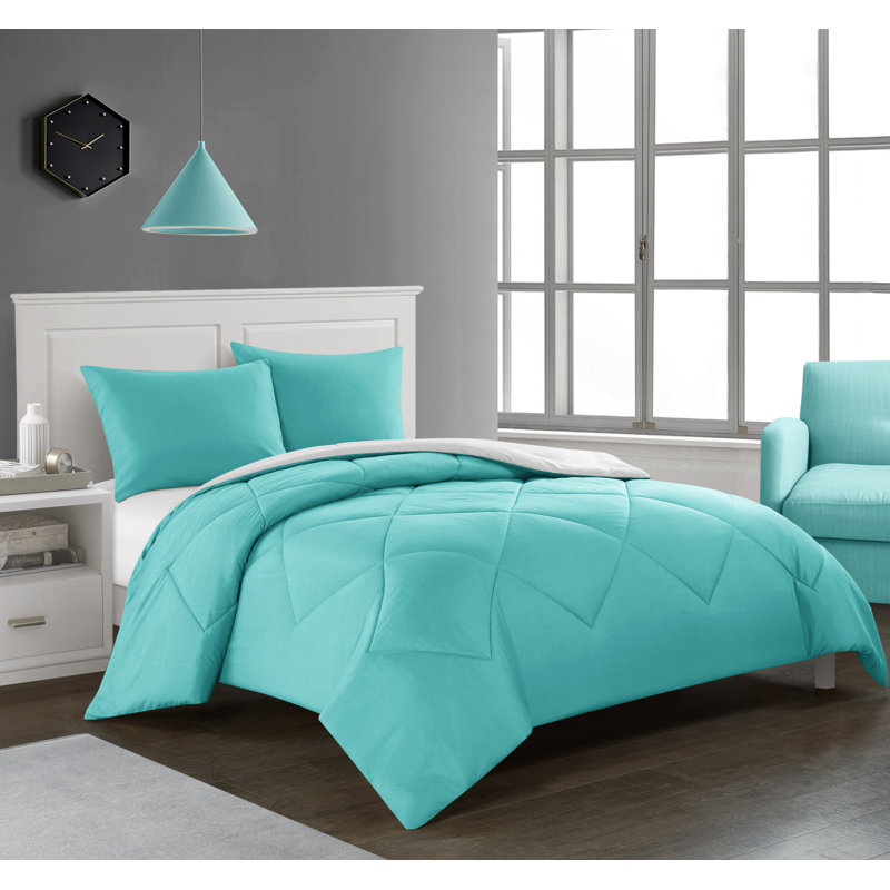 Ensemble d'édredon réversible en microfibre Logan, Aigue-marine, Édredon pour lit simple + 1 taie décorative stan