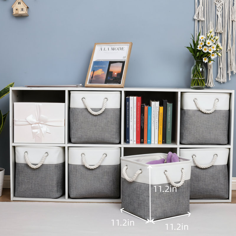 6-pack 11.2x11.2 Inch Cube Linen Storage Boxes, White + Gray, Large Size, Foldable With Rope Design. Suitable For Home/office/wardrobe. Practical For Organizing Clothes And Toys.
