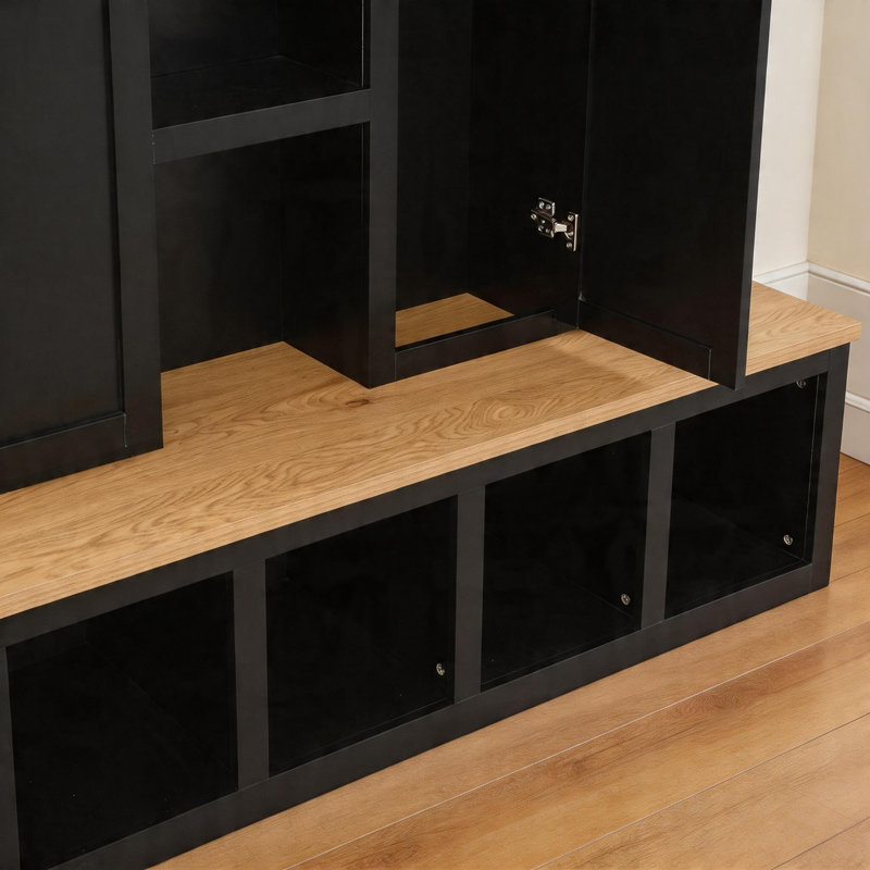 Black Farmhouse-Style 4-In-1 Entryway Coat Rack Features 6 Hooks, Wood-Grain Bench, Open Compartments And Shoe Storage Bench, Perfect For Living Rooms And Hallways.