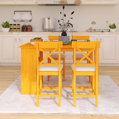 60" Farmhouse 5-Piece Dining Table Set With 3-Tier Storage Shelves And 4 Upholstered Dining Chairs