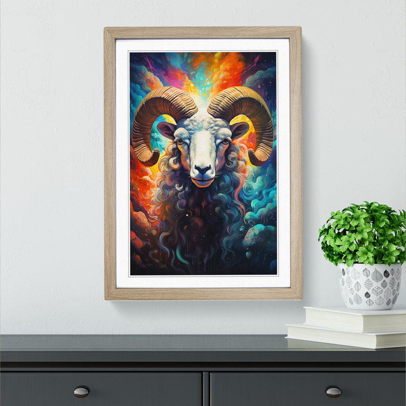 Ram Sheep Futurism - Single Picture Frame Print on Wood, 46cm H x 34cm W x 2cm D, Oak