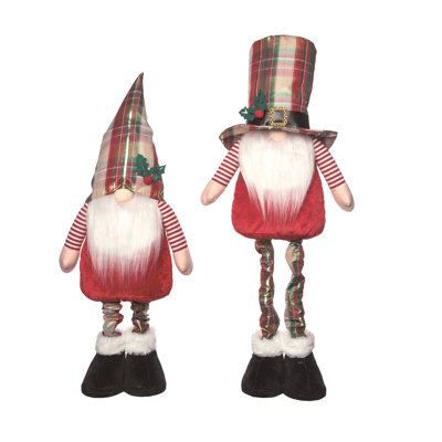  Plush Plaid Hat Gnome w/Telescoping Legs set of 2 Christmas Home Decorations