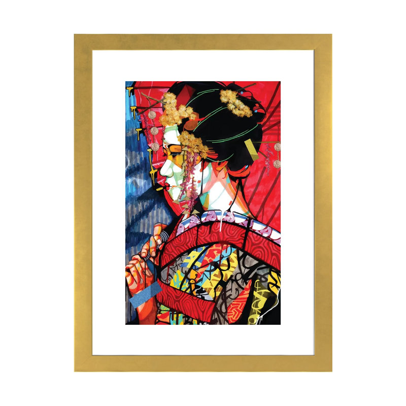 American Geisha - impression d'art graphique, H 24 po x l 32 po x P 1 po, Papier encadré doré, Blanc