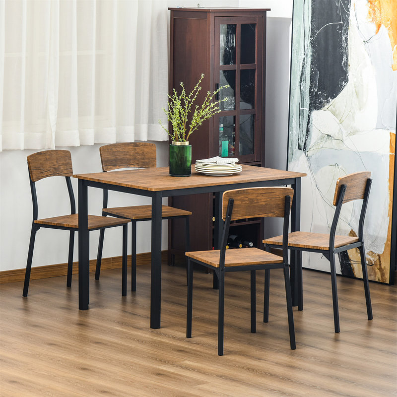 Industrial 5-Piece Dining Set with Dark Walnut MDF and Steel