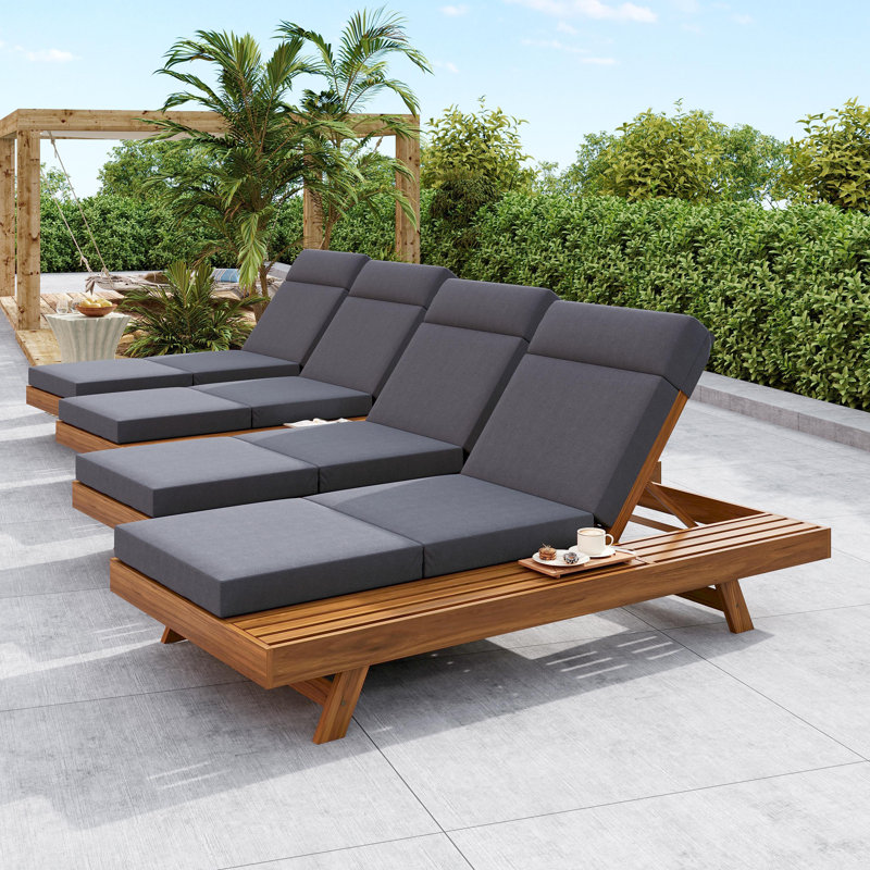 Ensemble de chaise longue avec appui-tête, espace disponible sur un côté, bois d'acacia avec coussins de salon résistants à l'eau (3 fois et 4 pouces)