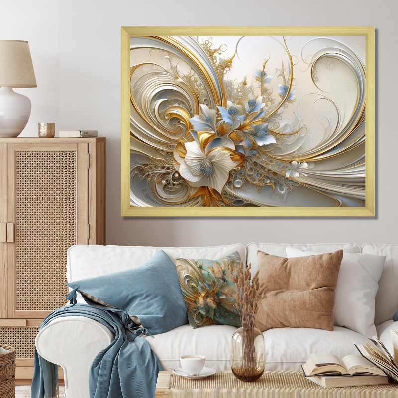 Spirale florale tourbillonnante Tender Light Blue, H 24 po x l 32 po, Cadre photo unique, Doré