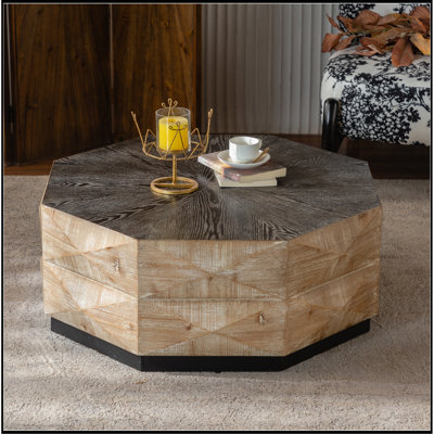 Octagon Coffee Table,38" Retro Style Wood Center Table with Three-Dimensional Embossed Pattern,Rustic Cocktail Table Center Large Circle Coffee Table for Living Room Home