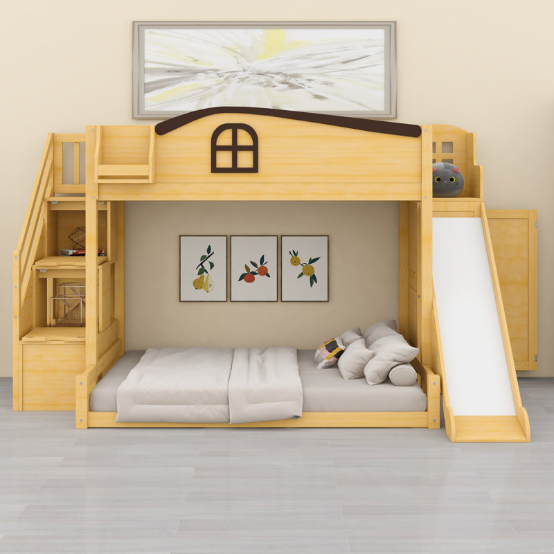 Lit superposé avec escalier de rangement, tablette, glissade et garde-robe, Naturel + espresso
