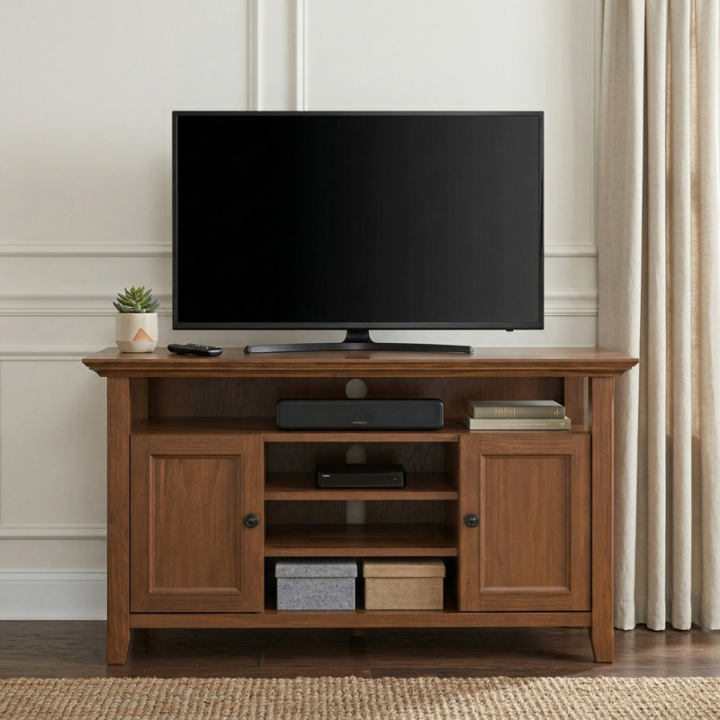 Amherst 54"W Solid Wood Transitional TV Stand for TVs up to 60" with 2 Cabinets and Adjustable Shelves, Medium Saddle Brown