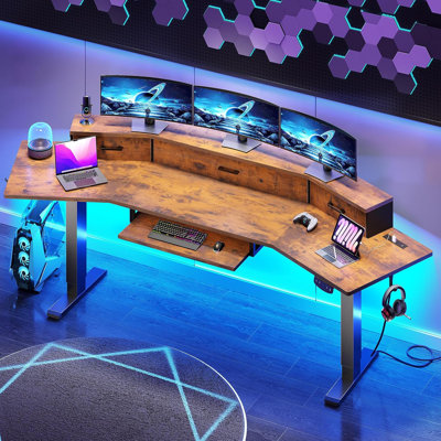 Alvonia 79'' Computer Desk Electric Standing Gaming Desk With Drawers And Led Lights