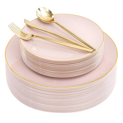 WELLIFE 30 Guests Pink Plastic Plates, Gold Dinnerware Set, Including 30 Dinner & 30 Dessert Plates, 30 Gold Plastic Silverware Set for Party