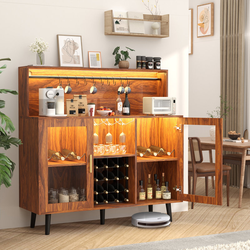 Wine Bar Cabinet With Led Lights, Coffee Bar For Liquor, Alcohol Cabinet W/Glass Rack And Removable Wine Racks, Home Bar Buffet Cabinet W/Storage For Living Room Dining Room Kitchen, Brown