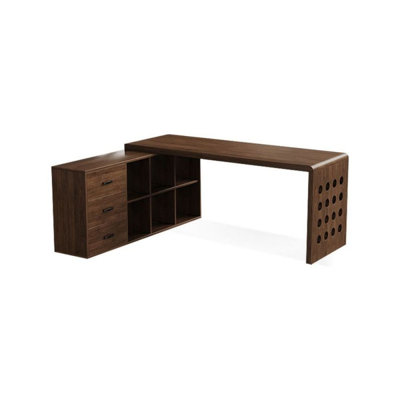 Nut-brown L-Shaped Solid Wood Executive Desk with drawers desk