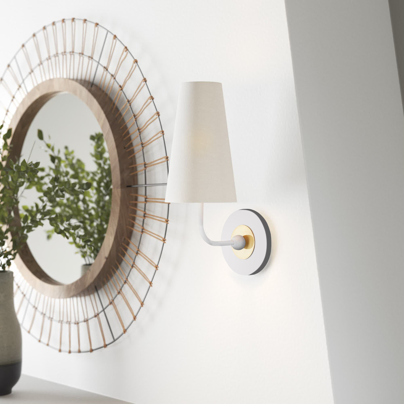 Tropez Single Light Dimmable Armed Sconce, Aged Brass/White