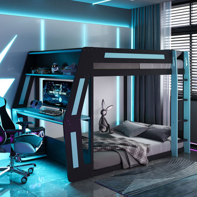 Lit superposé de jeu avec bureau RVB surdimensionné monté sur le côté, ports de chargement USB et œillet à câble, bande lumineuse à DEL, structure de loft Esports robuste