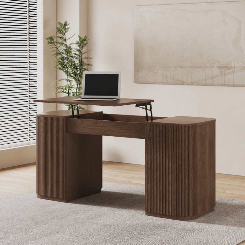 Bureau assis-debout Velign 60 po avec plateau relevable et armoire de rangement, bureau avec panneaux cannelés en frêne