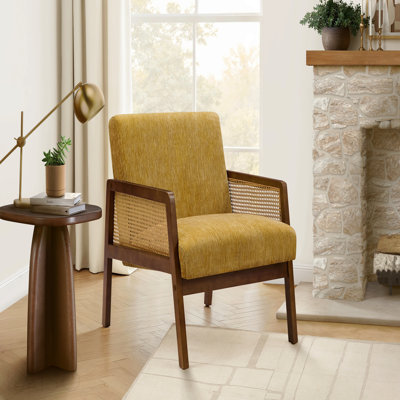 Accent Chair, 30"h, Upholstered, Living Room, Bedroom, Gold Fabric, Brown Walnut Solid Wood, Modern, Mid Century