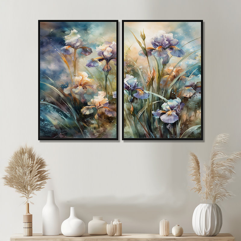 Mauve, vert, iris sauvage I - art mural traditionnel sur toile, Noir, H 36 po x l 48 po, Impression encadrée flottante