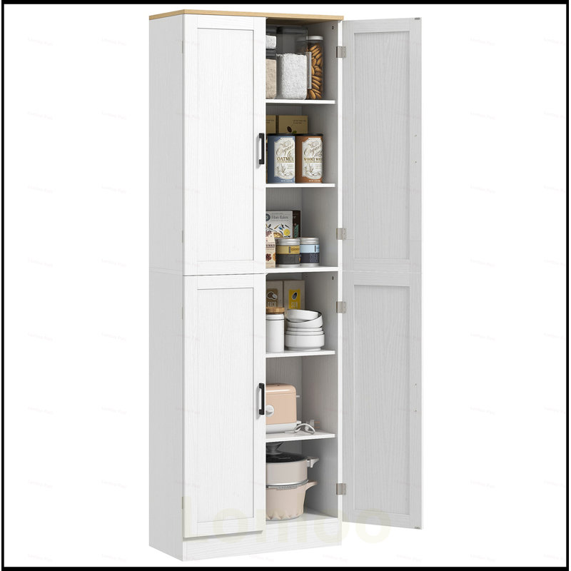Freestanding 4-Door Kitchen Pantry with Adjustable Shelves, Distressed Finish for Extra Storage and Organization