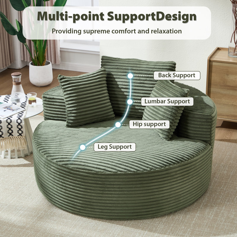 56" Oversized Bean Bag Chair, Compression Round Chaise Lounge Single Sofa Chair with Pillows, Green Corduroy