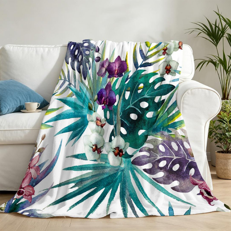 Jeté en flanelle verte molletonnée, imprimé floral, Jeté 50 po x 60 po