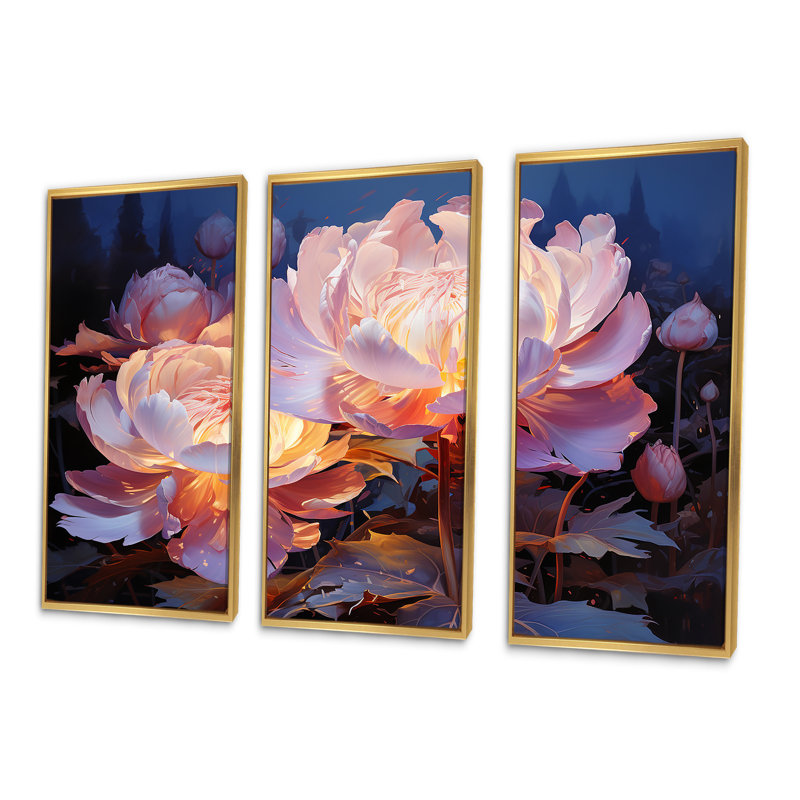 Peony Petals Elegance III - ensemble d'art sur toile pivoines, Cadre flottant doré, H 28 po x l 36 po x P 1 po