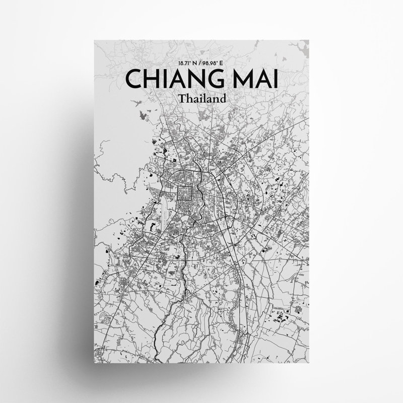 Chiang Mai City Map in Ink 1 Piece Wall Art, 36cm H x 24cm W x 0.05cm D