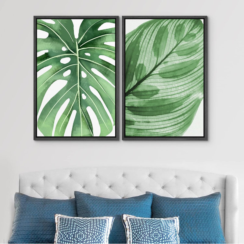 Vert jungle tropicale Monstera feuilles nature sauvage Art moderne rustique coloré Ultra 2 pièces, Noir, H 24 po x l 16 po