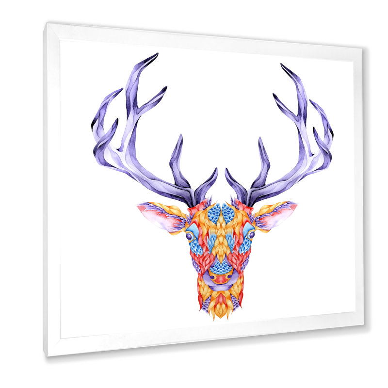Tête de cerf multicolore, H 16 po x l 16 po x P 1 po, Toile blanche avec cadre photo