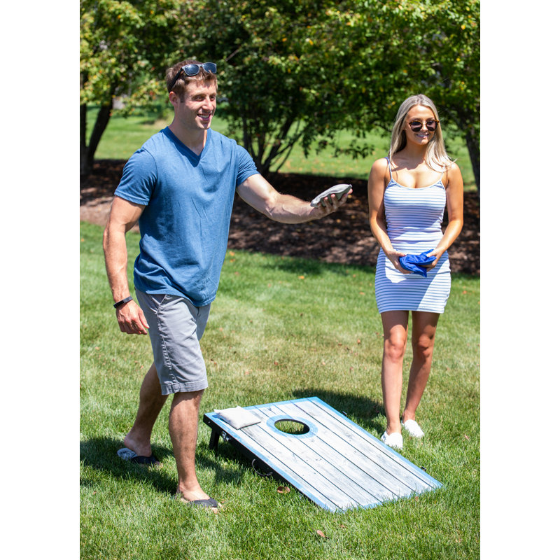 Distressed Wood LED Cornhole Set with Blue and White Bean Bags
