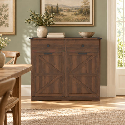 Armoire à poubelles double basculante de style champêtre, rangement dissimulé pour poubelle de 20 gallons avec 2 tiroirs, noyer (poubelle non incluse)