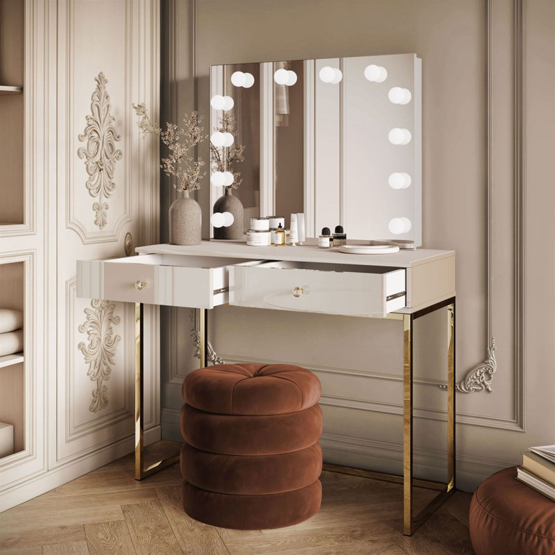 Dressing Table with Mirror, Cashmire/ Cashmire Gloss/ Cristal/ Gold Chrome