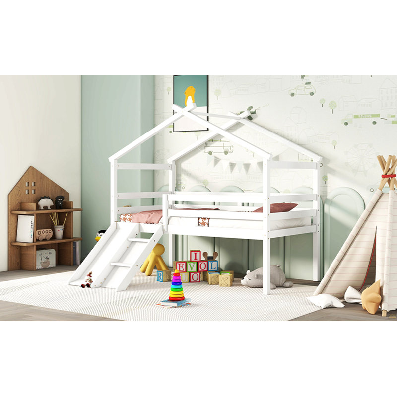Lit simple mezzanine bas avec glissoire, échelle, White
