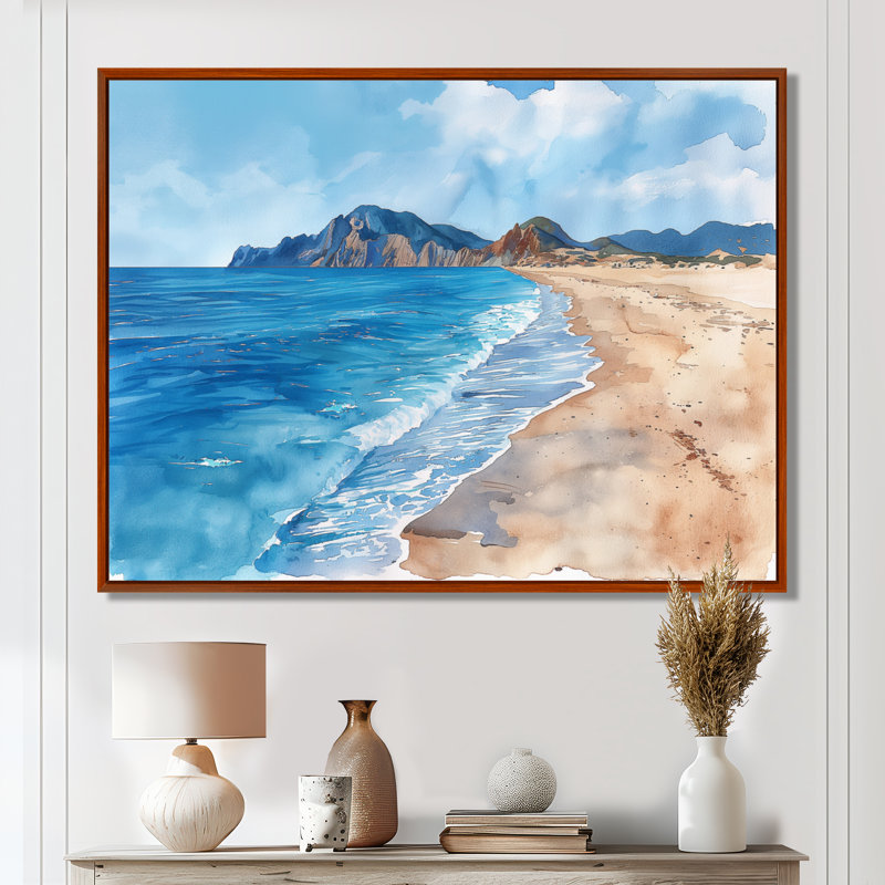 Évasion balnéaire italienne bleu et blanc III - Décoration murale de plage, Cadre flottant brun, H 30 po x l 40 po
