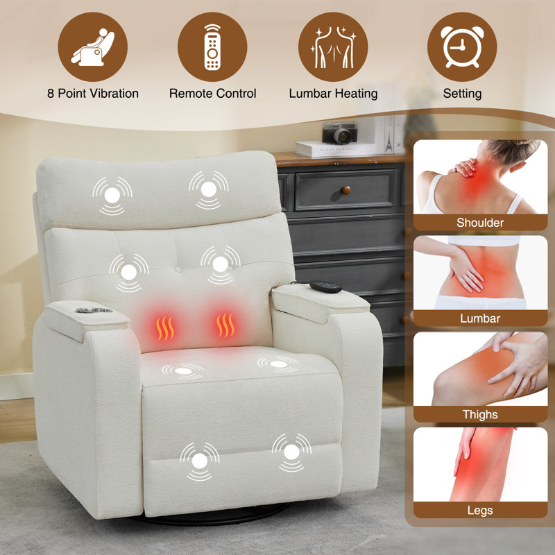  Modern Chenille Oversized Power Swivel Rocker Glider Recliner with Massage and Heat, Double Storage Arm, Cup Holder,Timing and Type-C Port