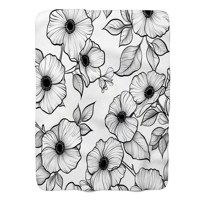 Motifs de fleurs noires et blanches - Couverture Sherpa de qualité supérieure 1 pièce, Grand lit