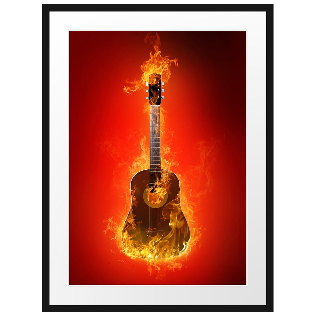 Gerahmtes Poster Brennende Gitarre Heiße Flammen