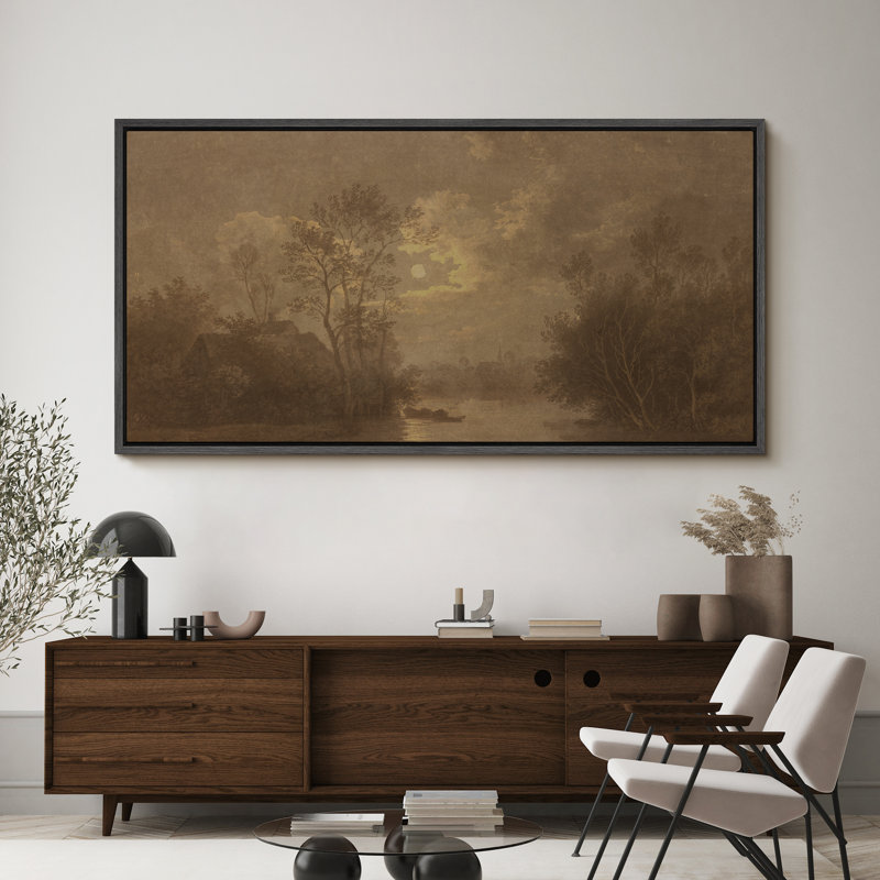 Moonlit River Cottage, impression sur toile encadrée pour décor de ferme antique, Noir, H 30 po x l 60 po